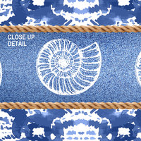 close up of blue seashell and ikat pattern shower curtain