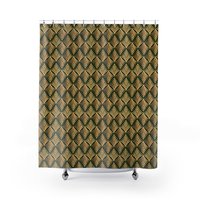 shower curtain with a 1920s fleur-de-lis flower pattern in gold, beige and brown on a forest green background.