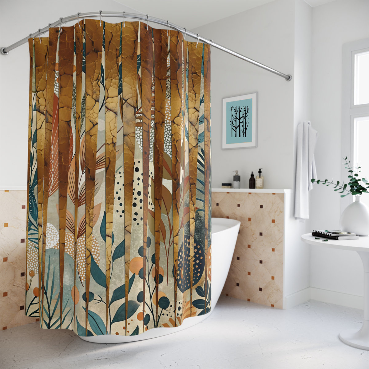 Modern Cottagecore Shower Curtain in a light and airy bathroom