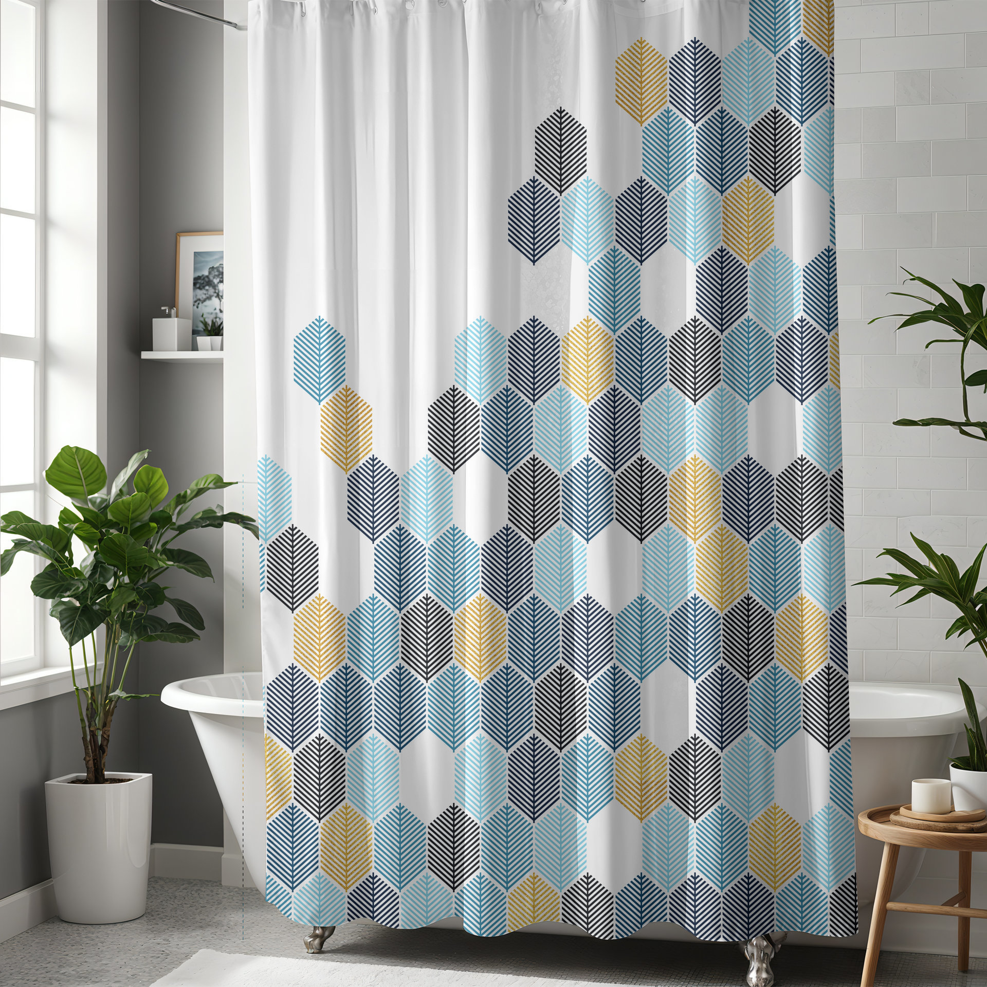 Abstract honeycomb-shaped trees design shower curtain in navy blue, rackley blue, light blue and gold (not glittery) on a white background hung in a bathroom
