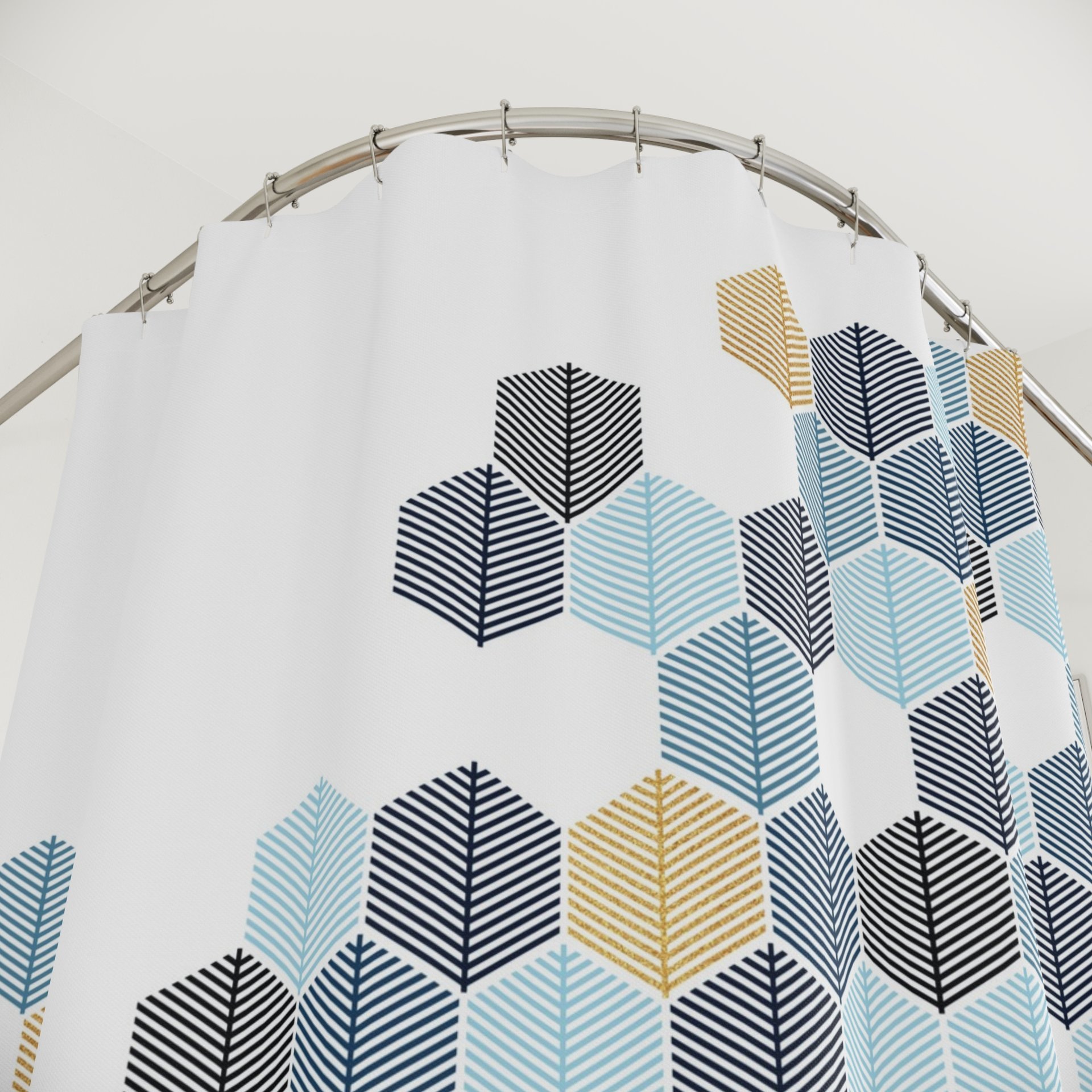 Abstract honeycomb-shaped trees design shower curtain in navy blue, rackley blue, light blue and gold (not glittery) on a white background