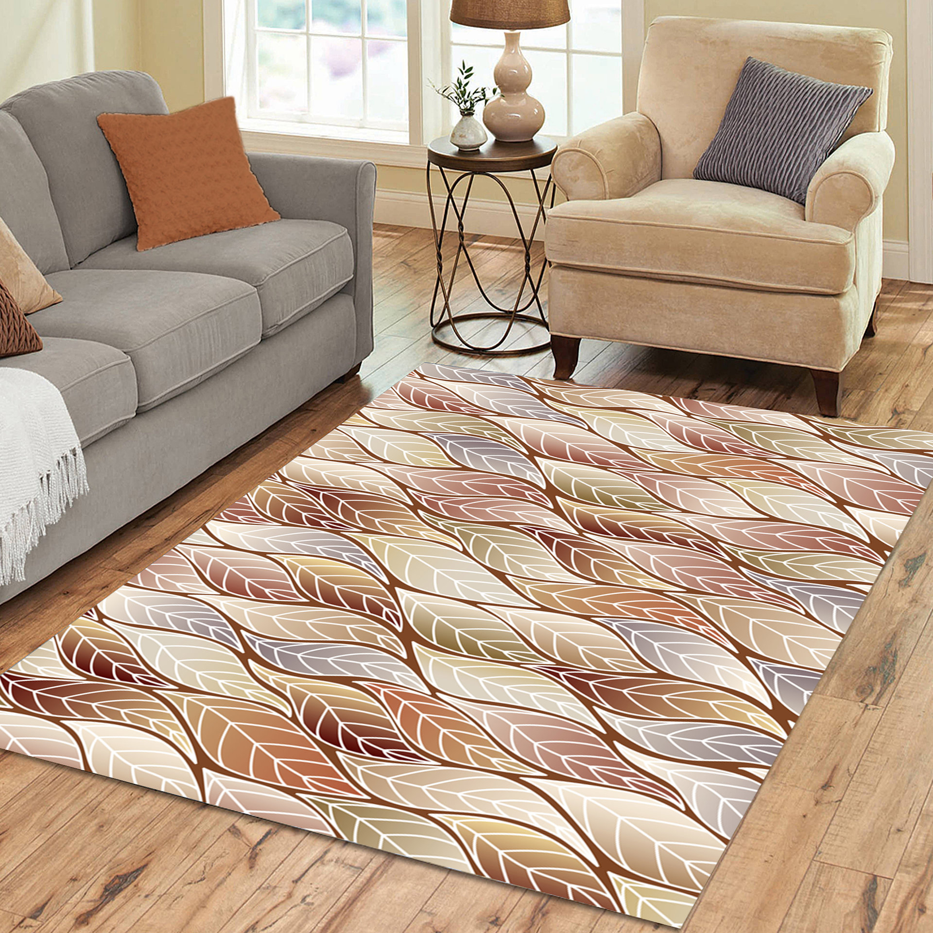 Beige Brown Ombre Leaves Rug, Indoor Outdoor
