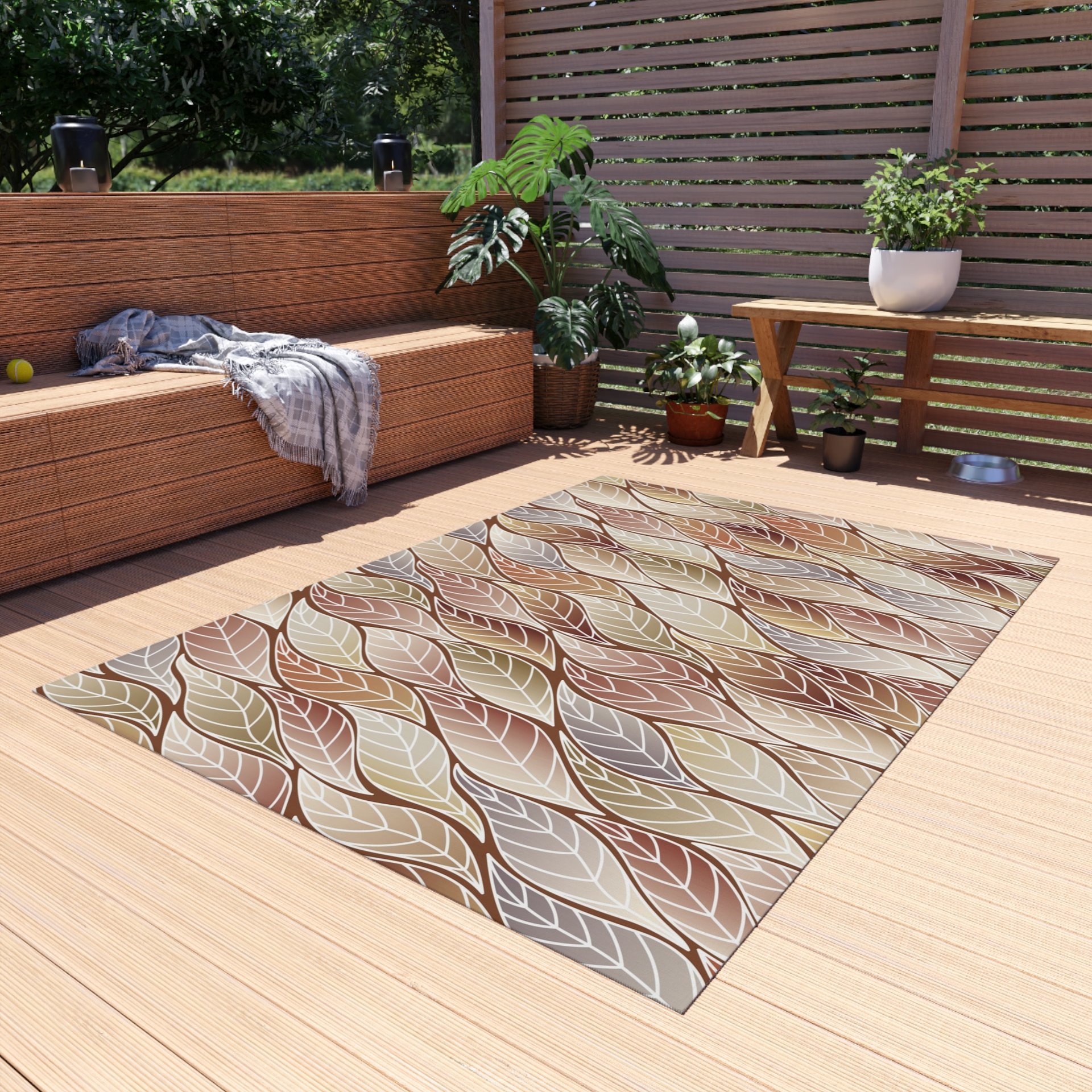 Beige Brown Ombre Leaves Rug, Indoor Outdoor