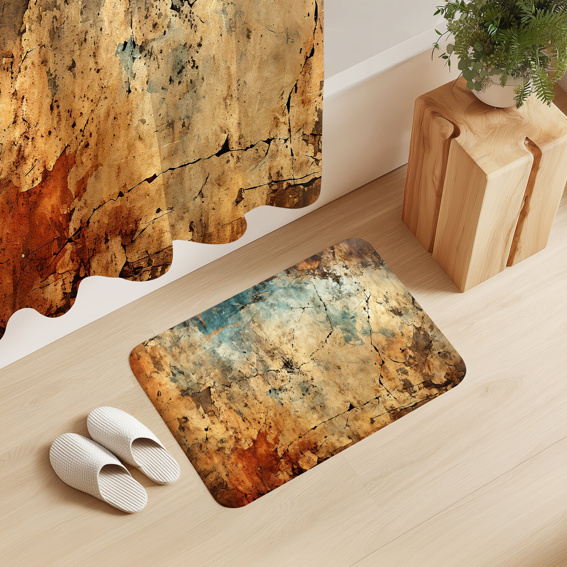 Industrial Cracked Concrete Shower Curtain and small bath mat