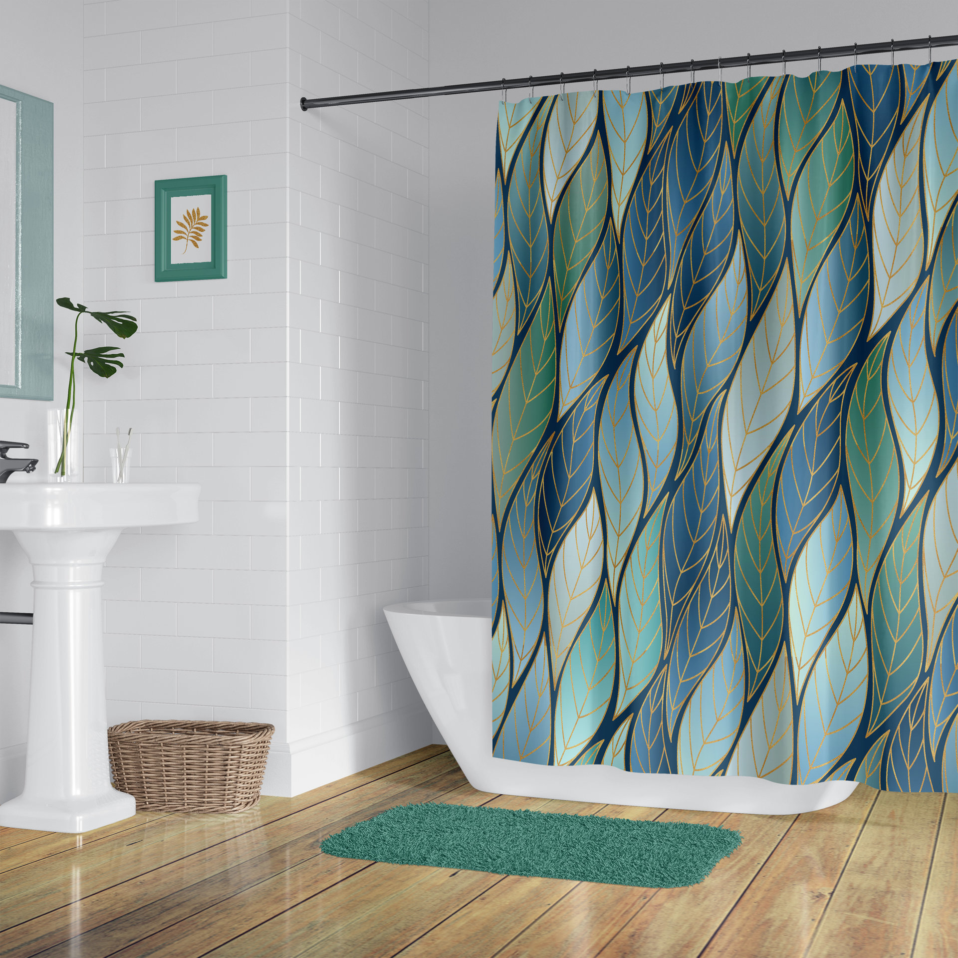 Bold Blue Green Ombré Leaves Shower Curtain