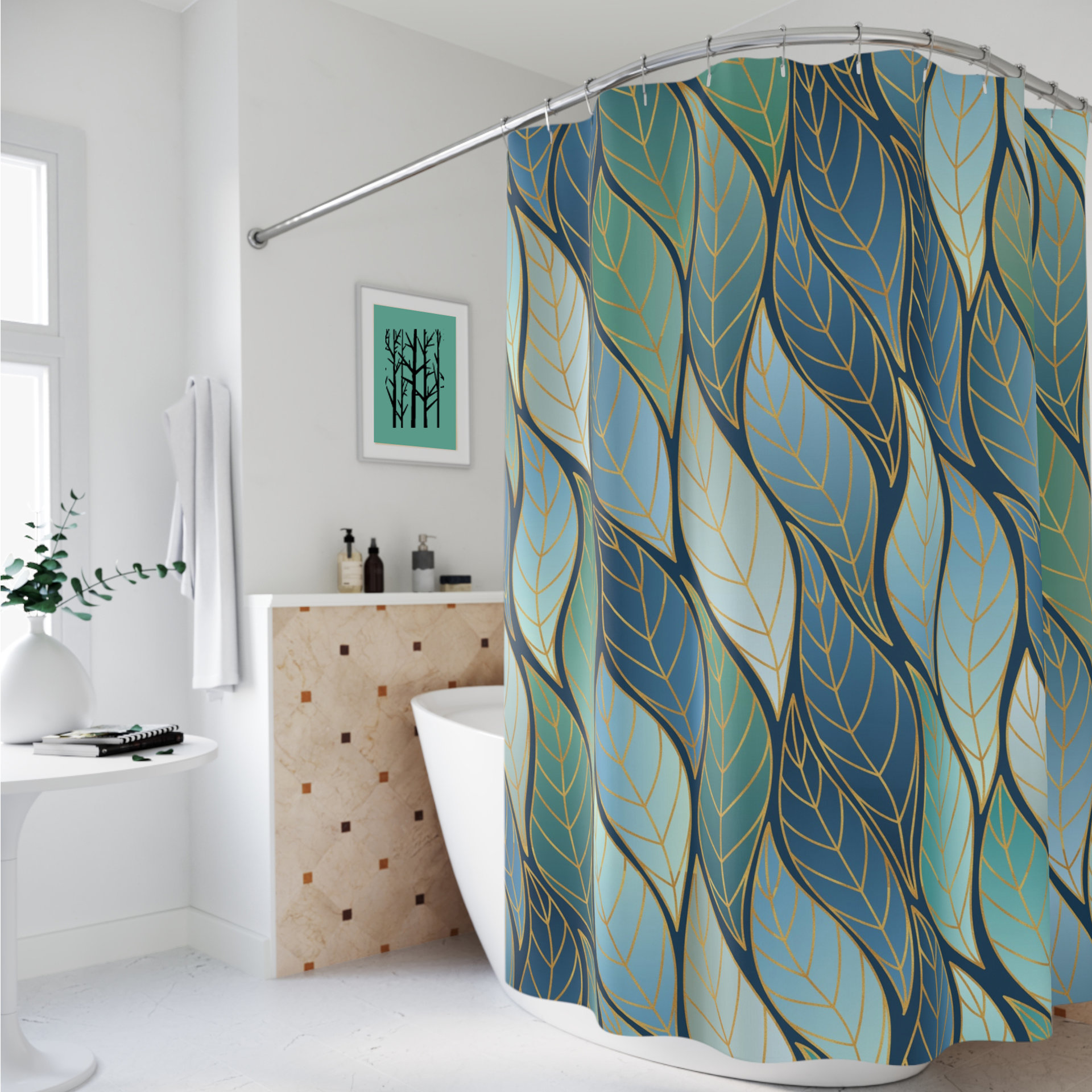 Bold Blue Green Ombré Leaves Shower Curtain