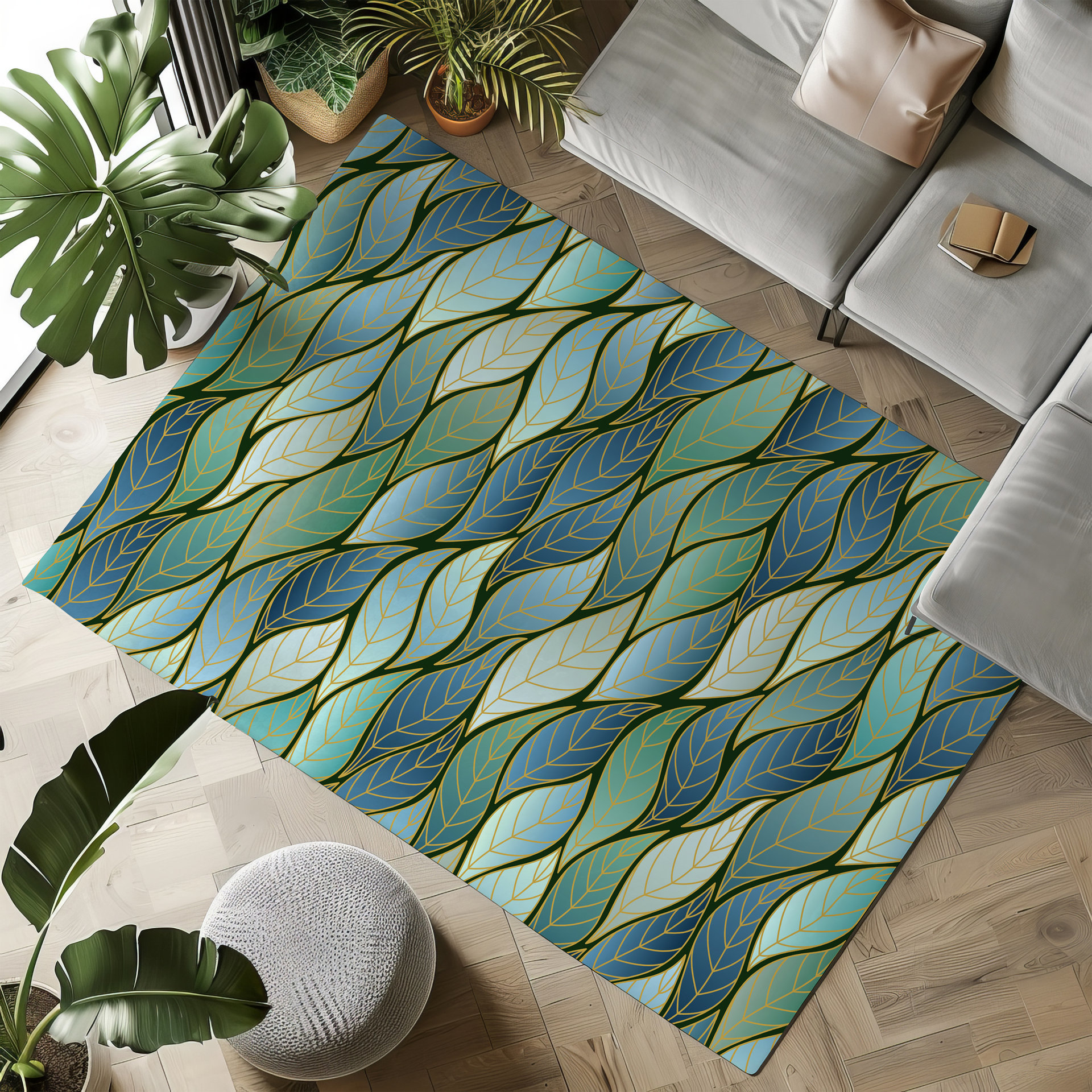Blue Green Ombre Leaves Rug, Indoor Outdoor