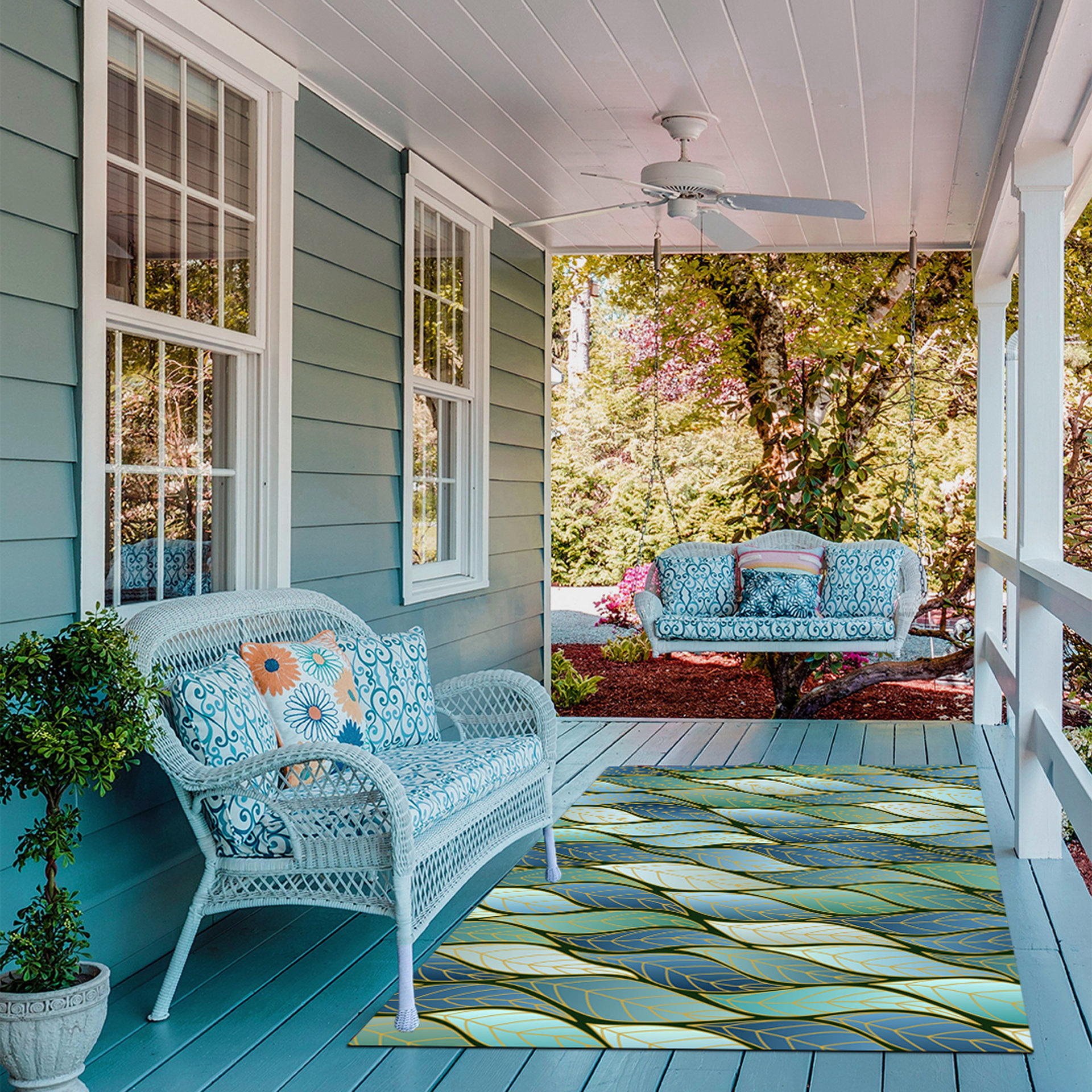 Blue Green Ombre Leaves Rug, Indoor Outdoor