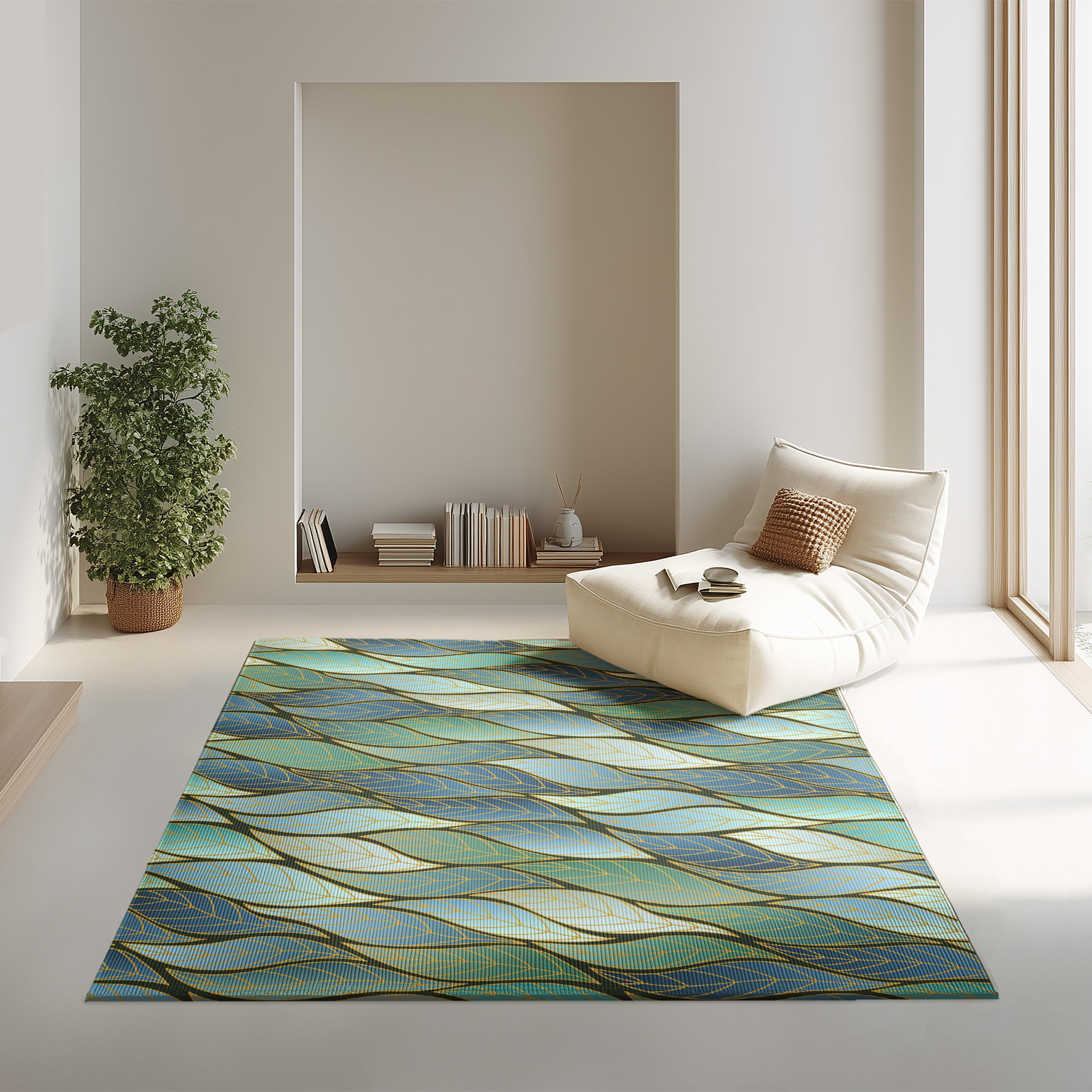 Blue Green Ombre Leaves Rug, Indoor Outdoor