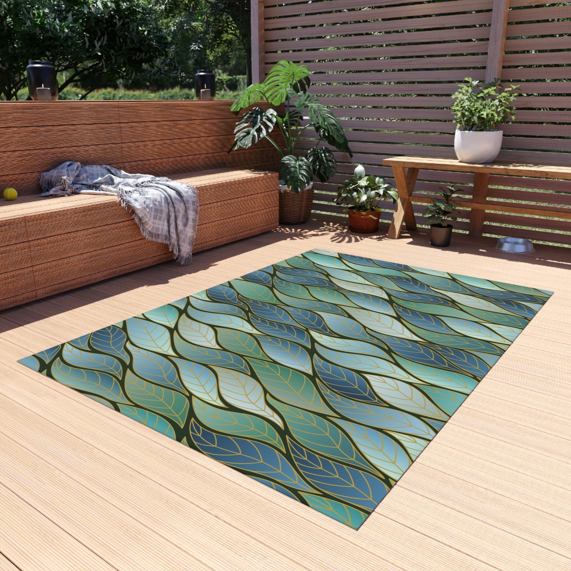 Blue Green Ombre Leaves Rug, Indoor Outdoor
