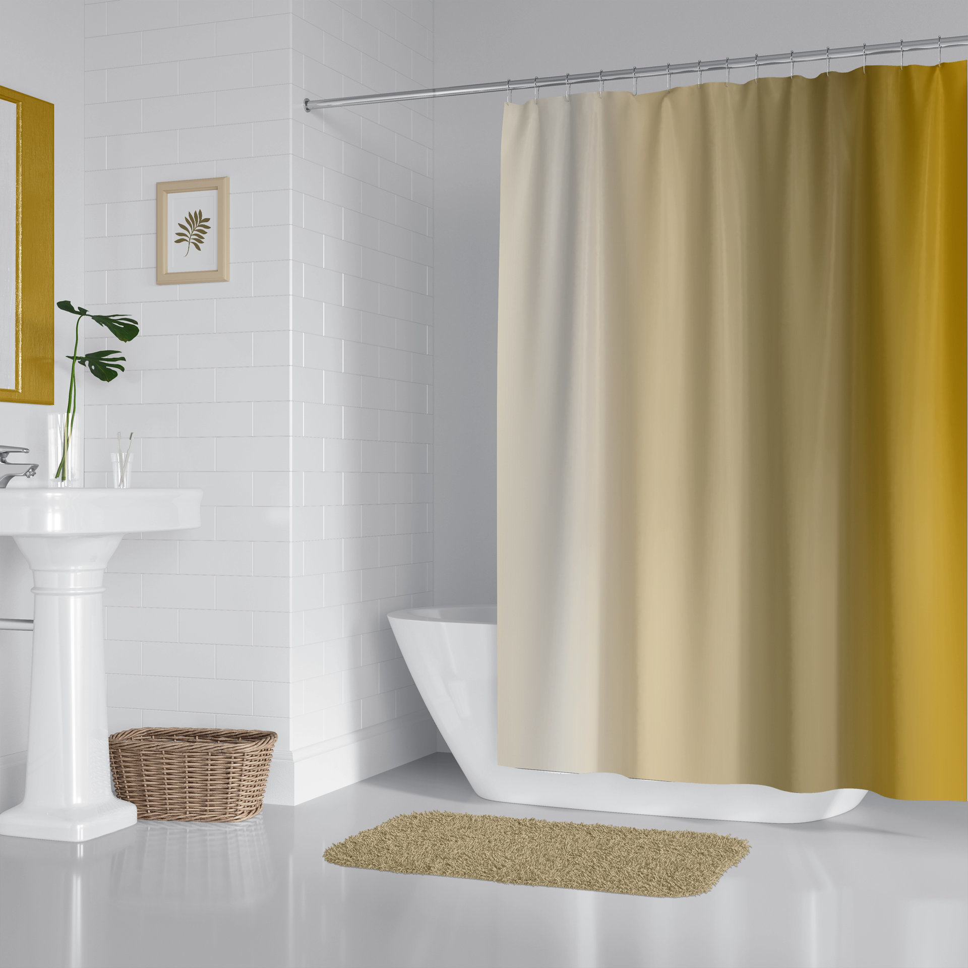 Lemon curry yellow Ombré Stripes Shower Curtain in a modern white bathroom