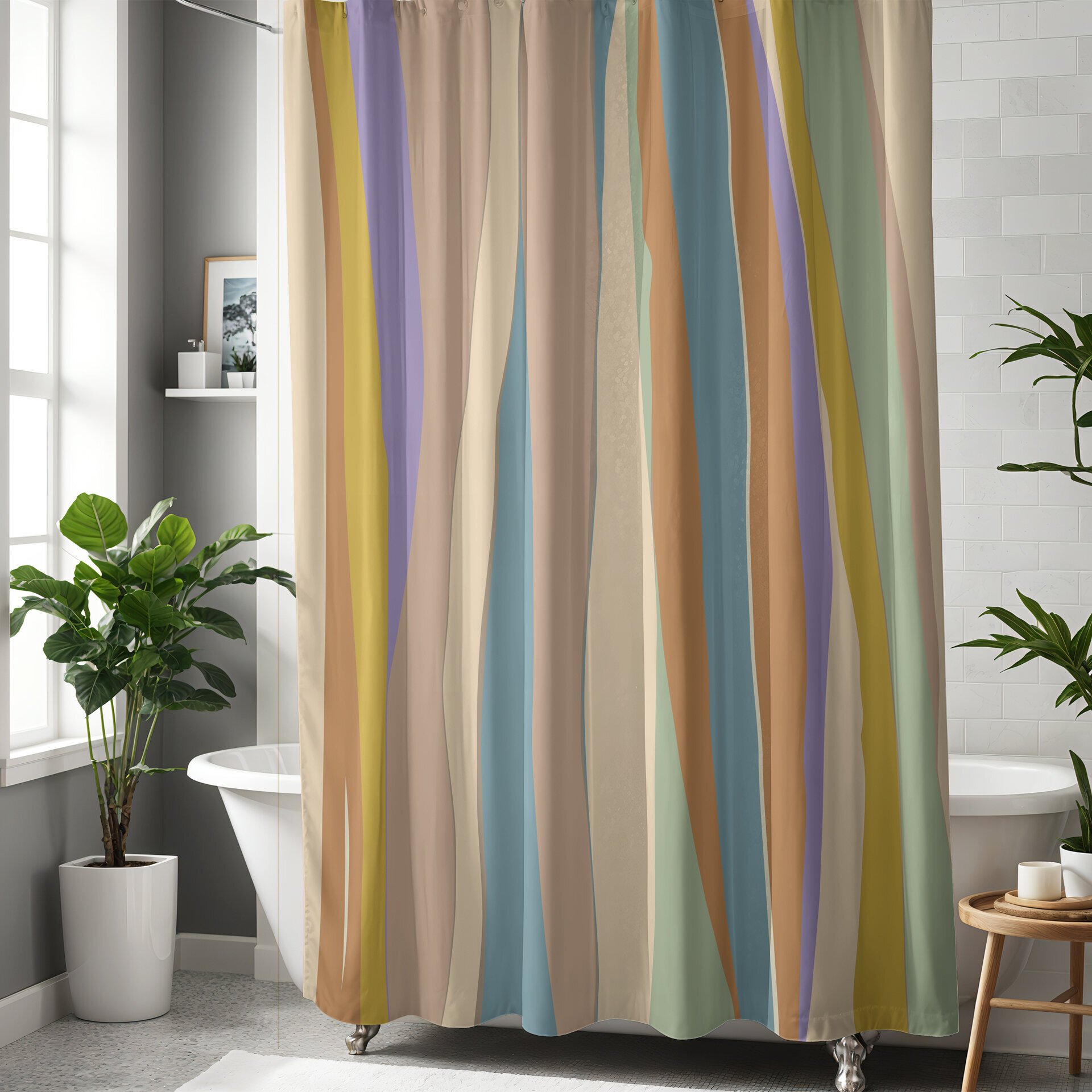 Wavy Stripes Shower Curtain in Muted Tropical Colors