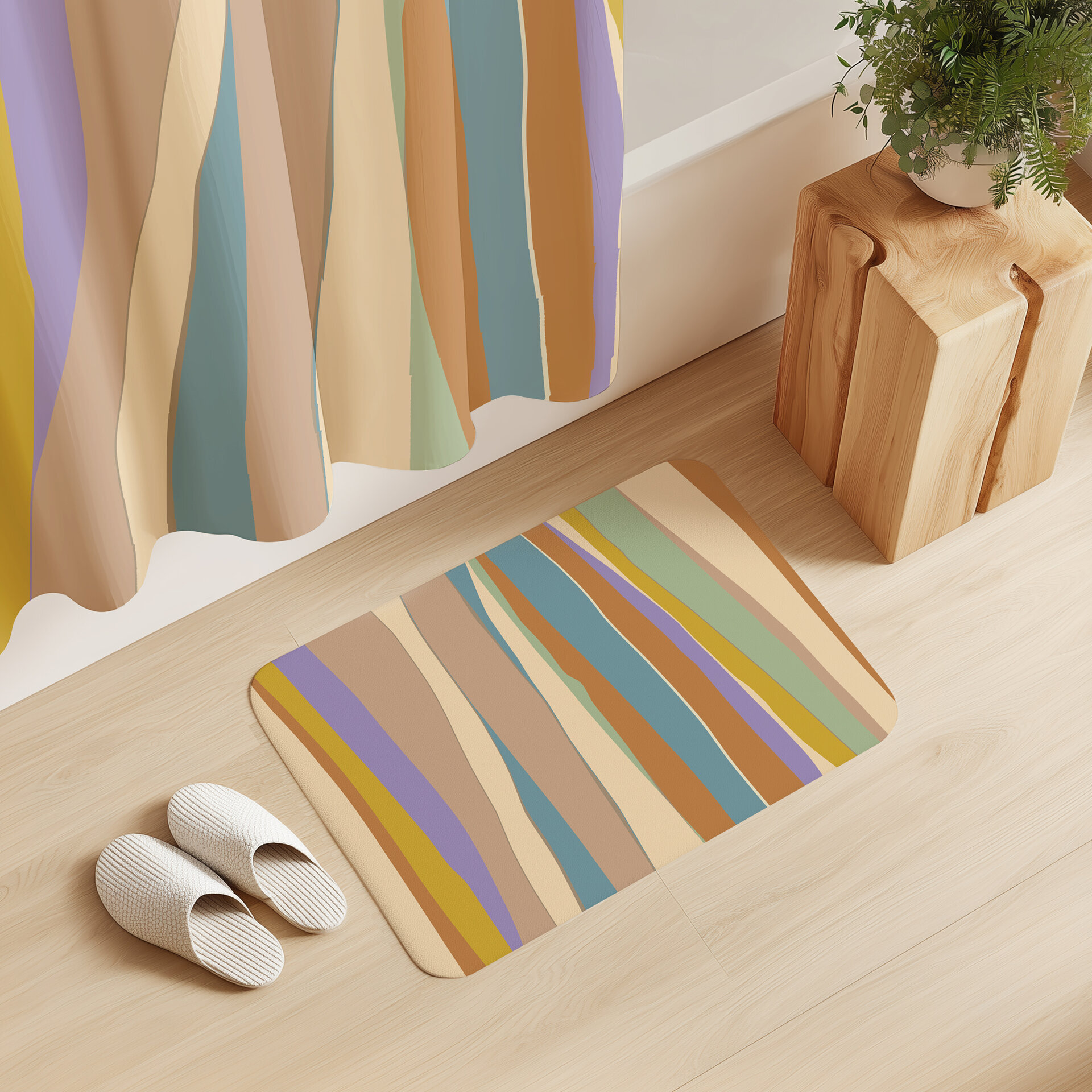 Wavy Stripes Shower Curtain in Muted Tropical Colors and bath mat