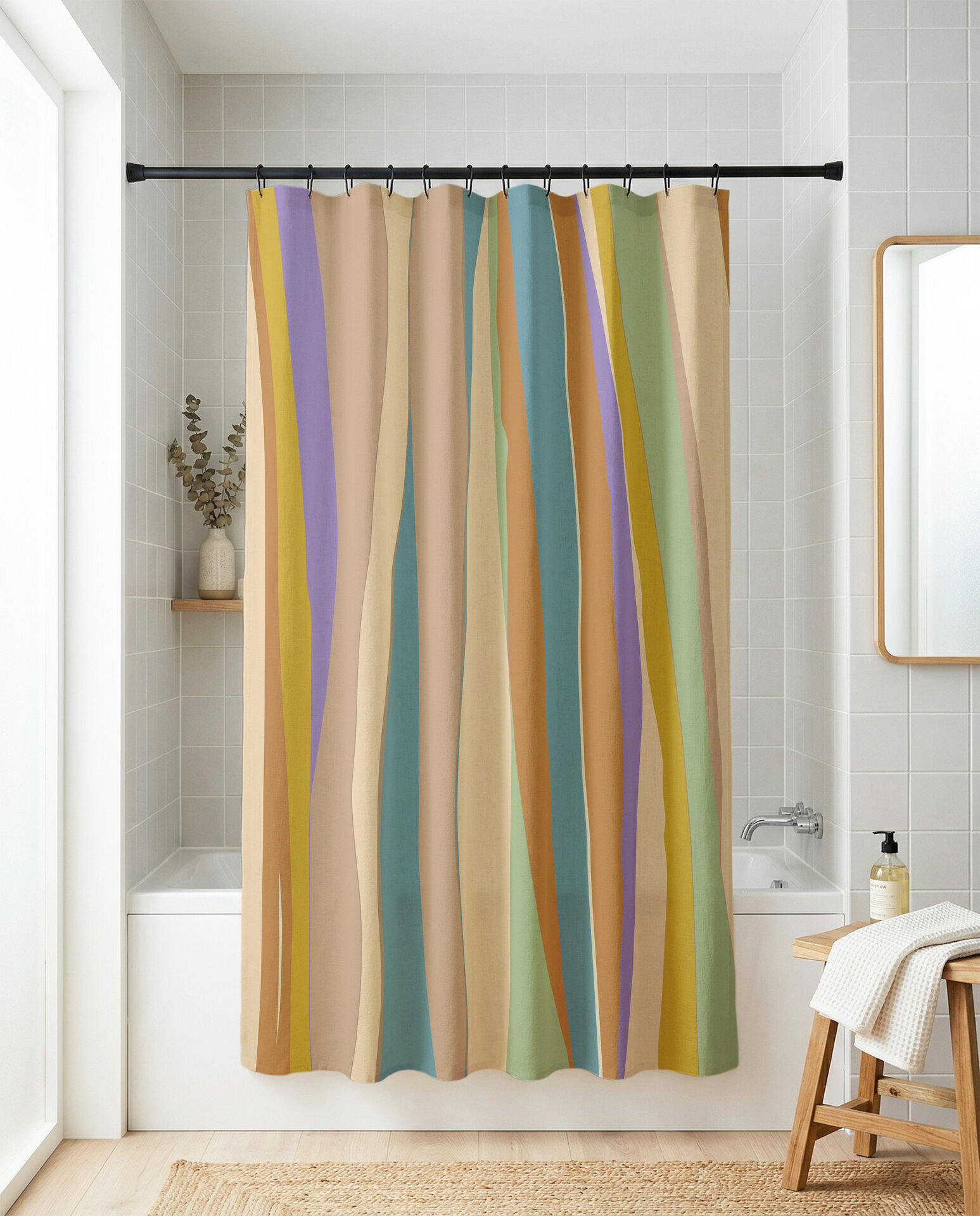 Wavy Stripes Shower Curtain in Muted Tropical Colors