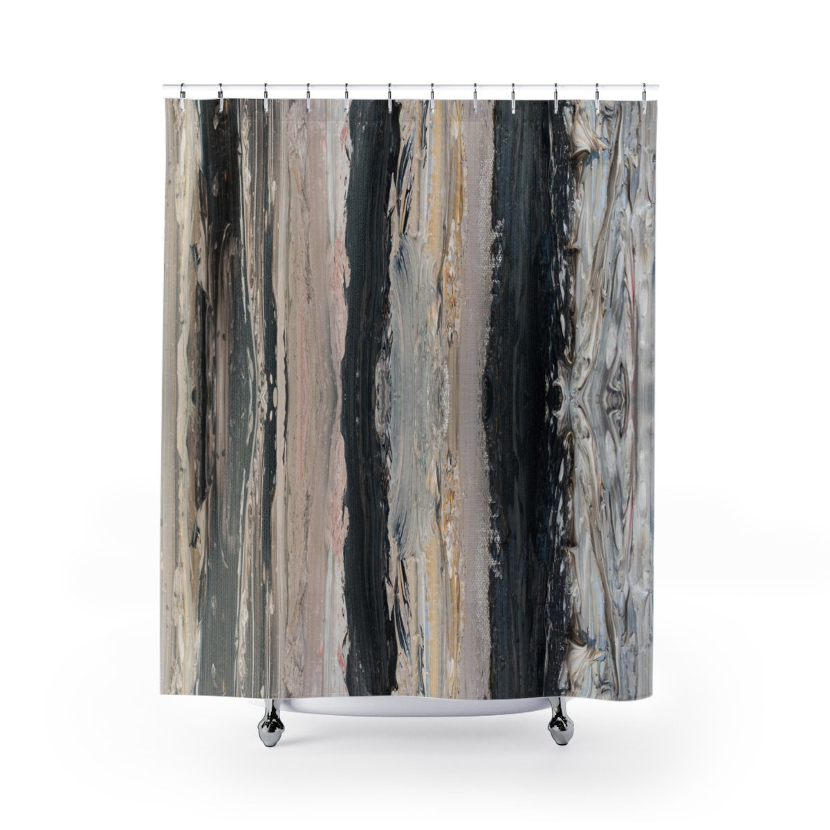 shower curtain in bold, warm and cool vertical stripes oil paint on canvas in black, brown, beige and gray with a hint of peach.