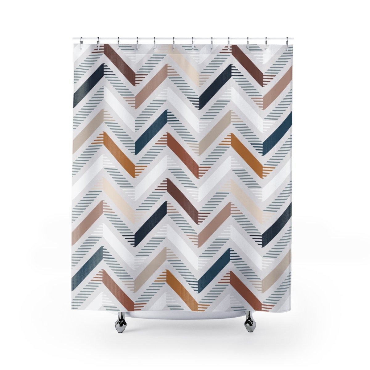 Shower curtain with an unusual abstract geometric zig-zag pattern in browns, blues, gray and white on an off-white textured background.