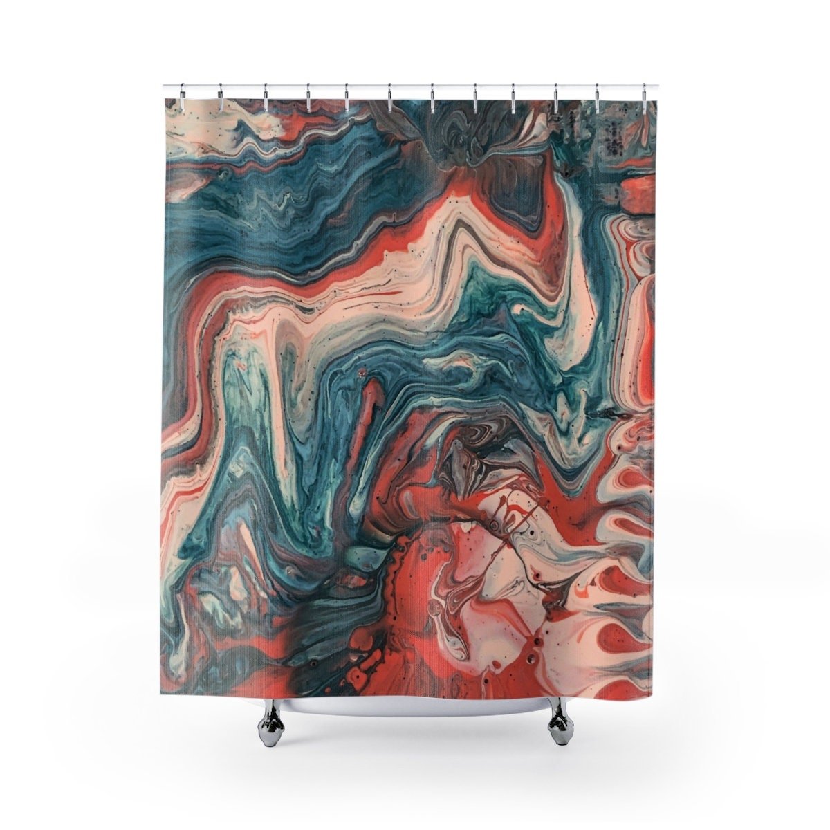 Blue and Coral Pink Abstract Art Shower Curtain