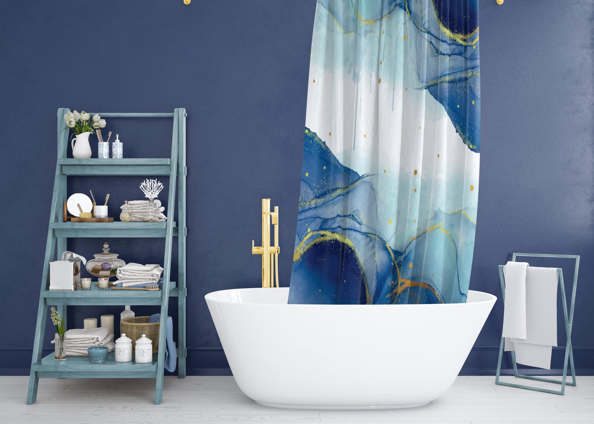 Abstract Blue Marble Shower Curtain in a navy bathroom