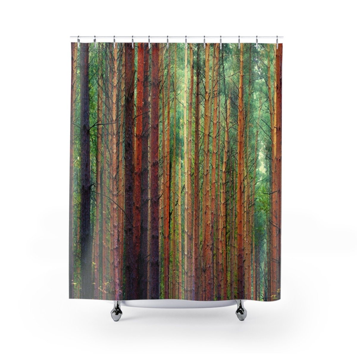 Watercolor vertical striped shower curtain for a farmhouse decor. Deep purple, orange and brown birch trees in a lush green forest.