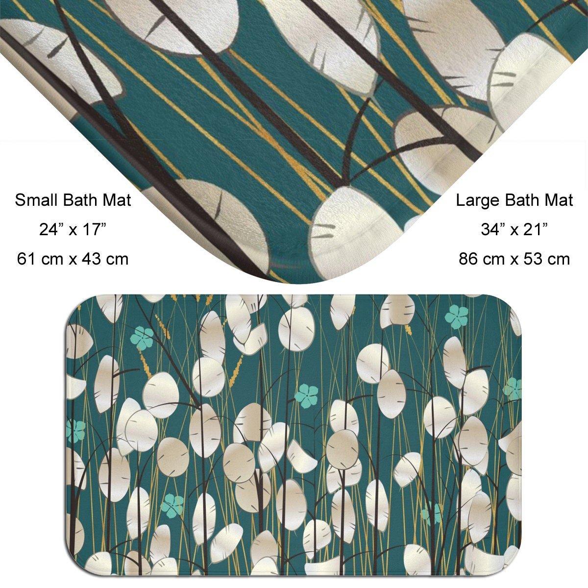 Bathmat with abstract design of money plants in beige, off-white, brown, black and gold with aquamarine flowers on a deep teal background.