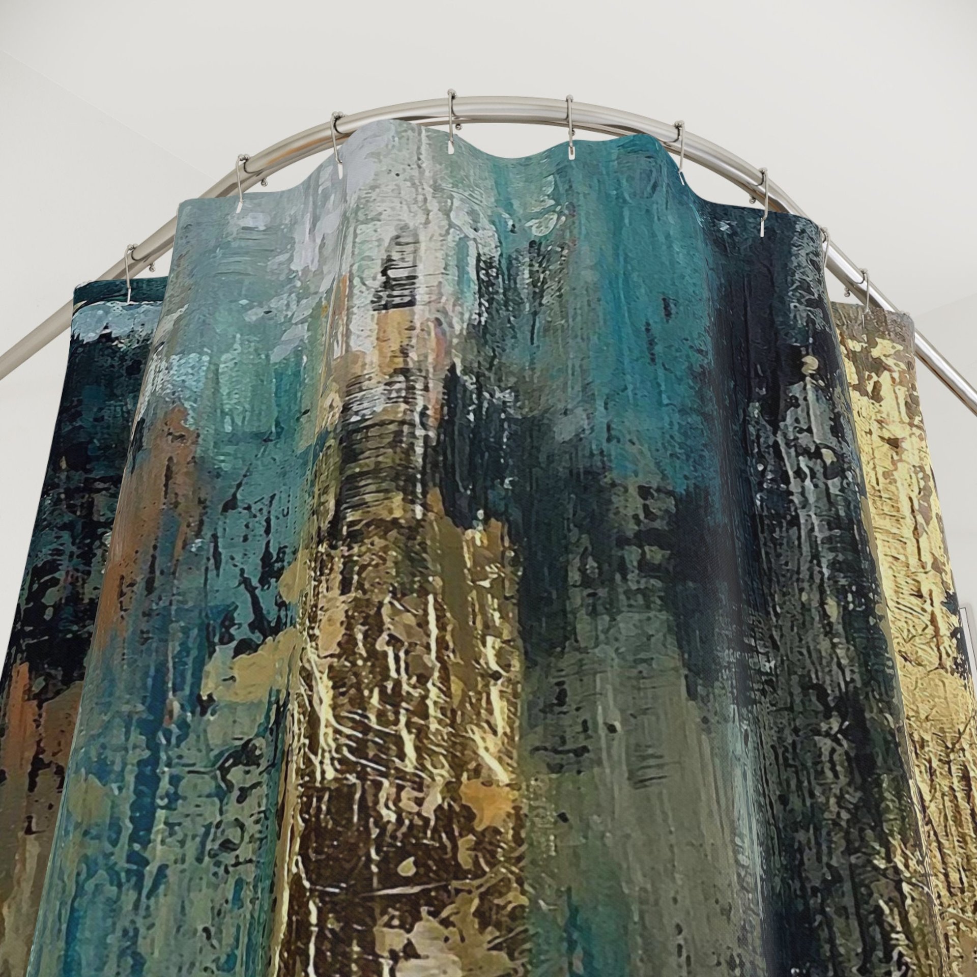 Teal and gold Abstract Modern Art Shower Curtain top view