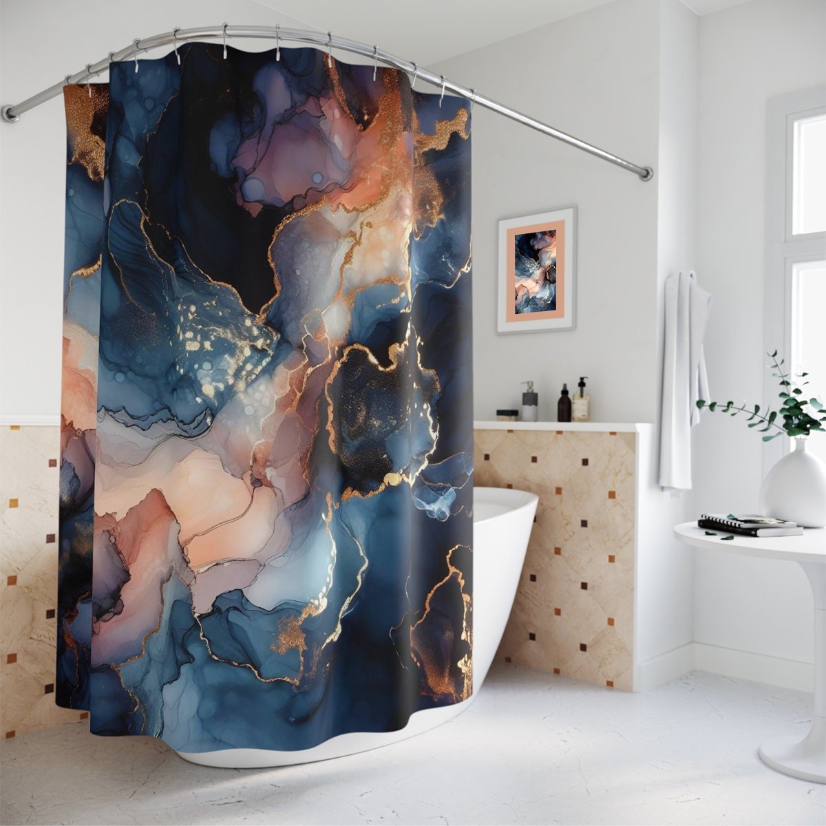 Navy Blue Marble Shower Curtain