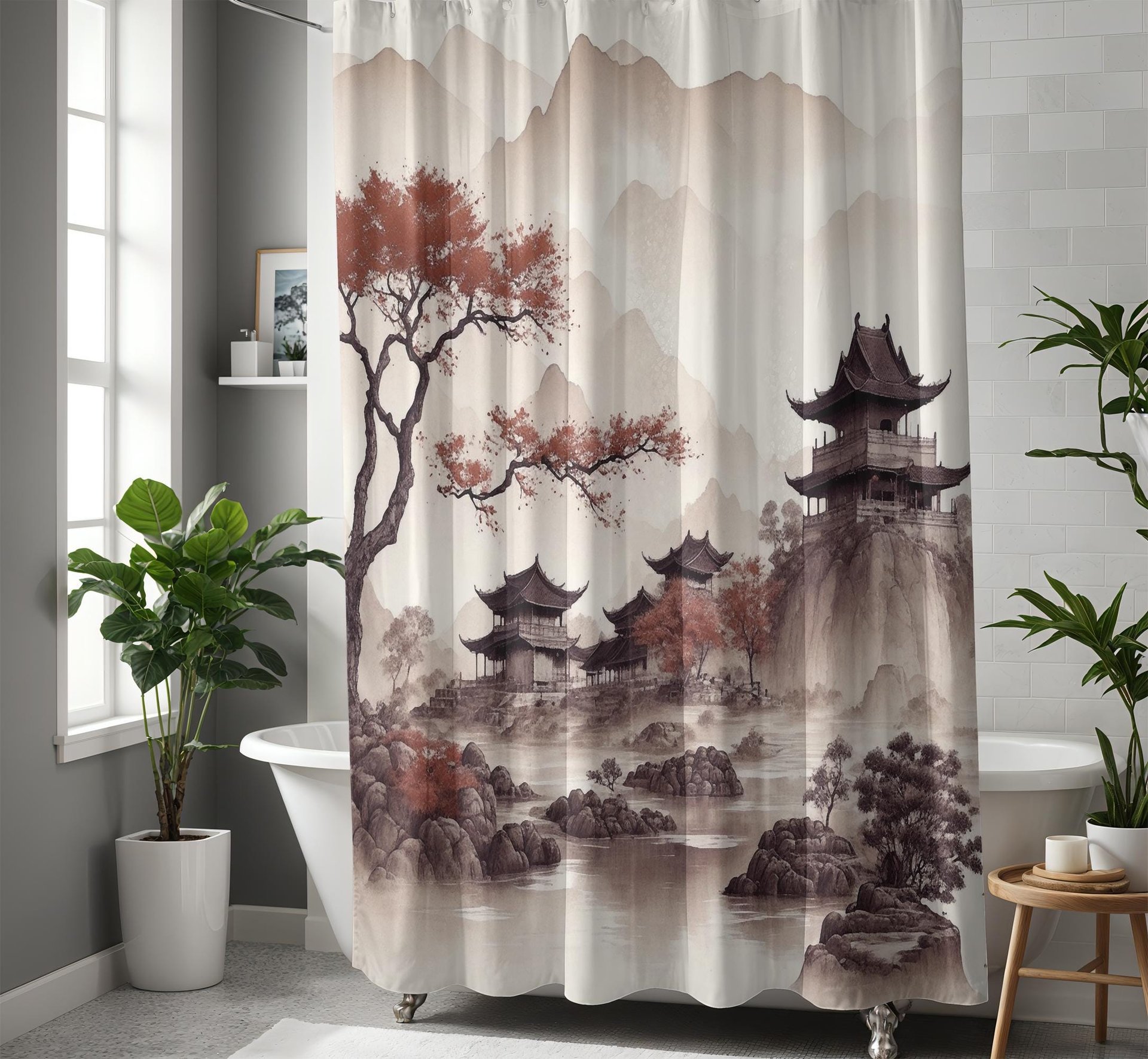 Japanese Shower Curtain, Traditional Watercolor Landscape