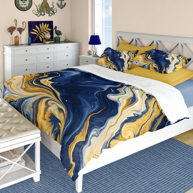 Navy Blue and Gold Abstract Fluid Art Cotton Bedding Set Queen