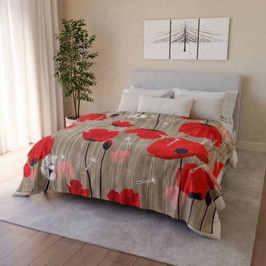 Large Bold Red Poppy Fleece Blanket on a bed