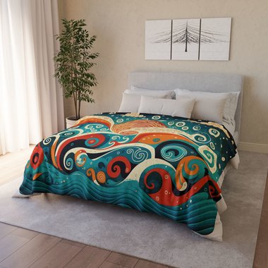 Large Swirling Ocean Waves Fleece Blanket on a bed