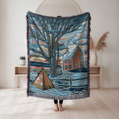 Snowy Winter Woven Cotton Blanket, Country Farmhouse Landscape