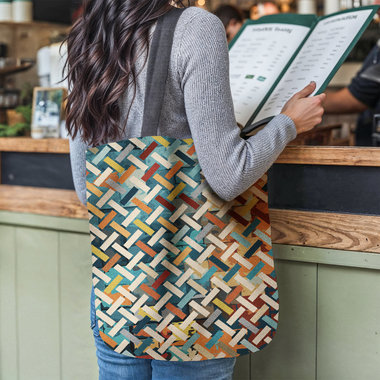 Basketweave Woven Tapestry Bag, Abstract Geometric Pattern