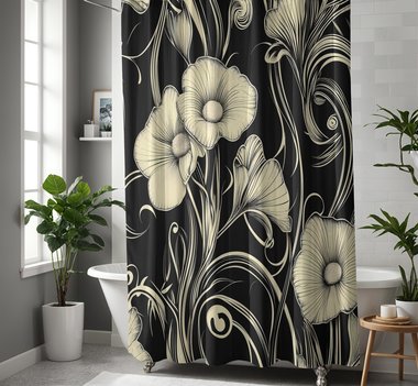 Black & cream floral shower curtain, Bold retro flowers, Art Nouveau bathroom decor, Elegant bath mat optional.