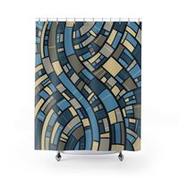 Abstract Geometric Shower Curtain, Blue, Gray and Sand