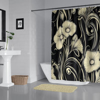 Black & Cream Floral Art Nouveau Shower Curtain in a modern bathroom.