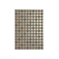 Six inch diamond tile pattern with intertwined Celtic knots in tones of olive green, burnt orange and black on an interesting light taupe textured background that resembles frosted glass.