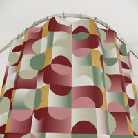 Abstract Geometric Shower Curtain, Burgundy Olive Gold Mid Century Modern Pattern close up showing top.