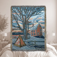 Snowy Winter Woven Cotton Blanket, Country Farmhouse Landscape
