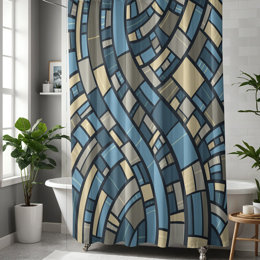 Abstract Geometric Shower Curtain, Blue, Gray and Sand in a contemporary bathroom