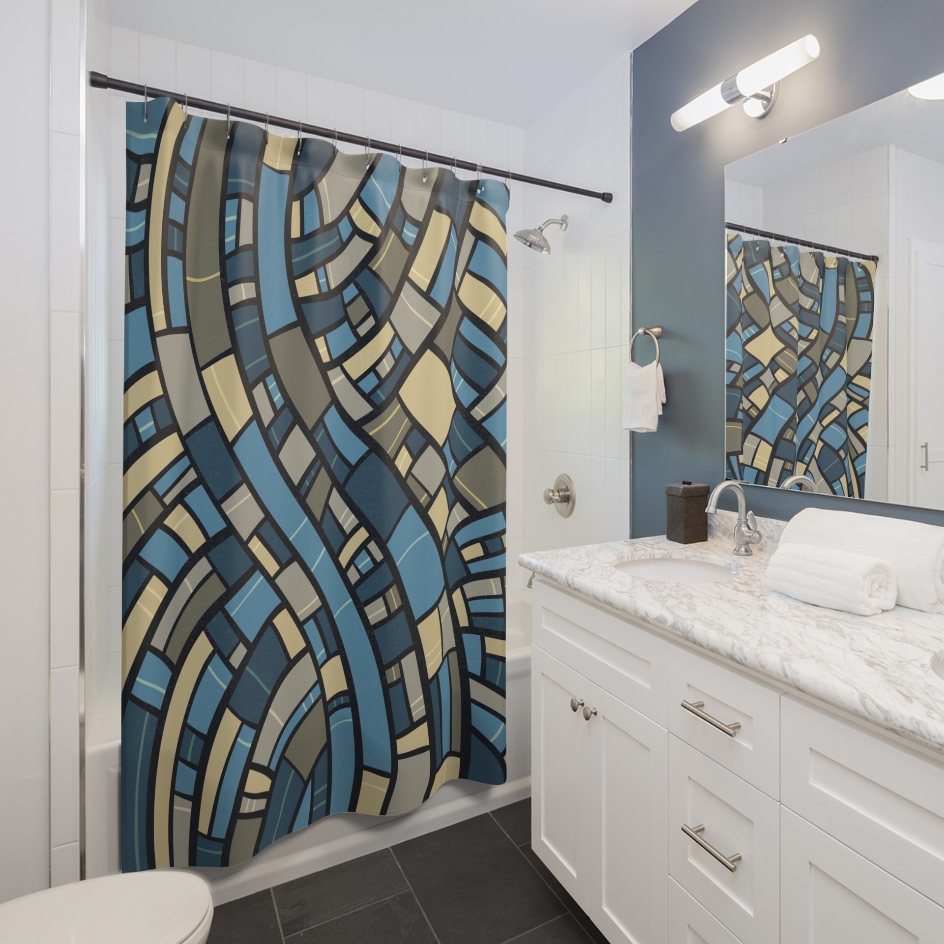Abstract Geometric Shower Curtain, Blue, Gray and Sand in an apartment bathroom