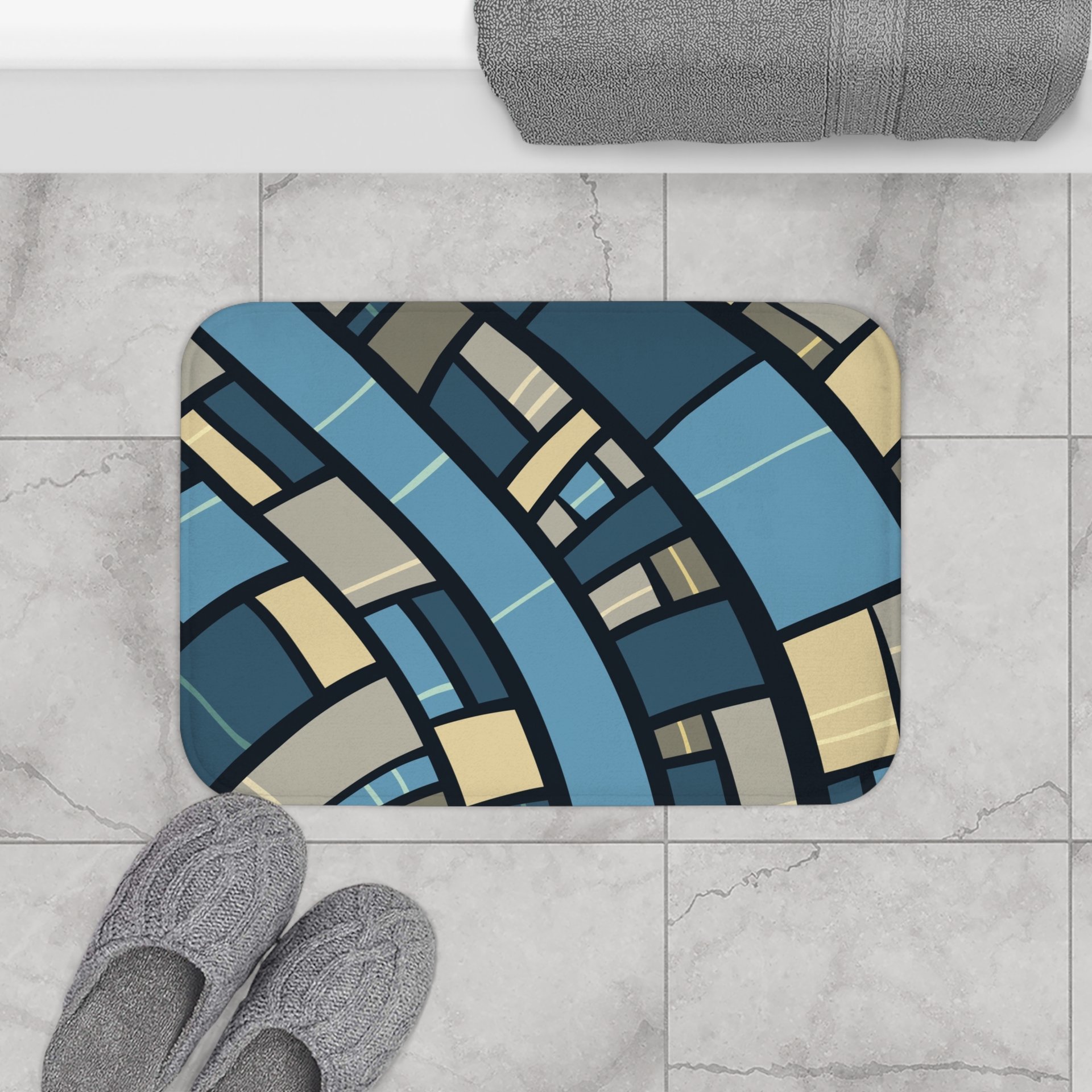 Abstract Geometric small bath mat, Blue, Gray and Sand