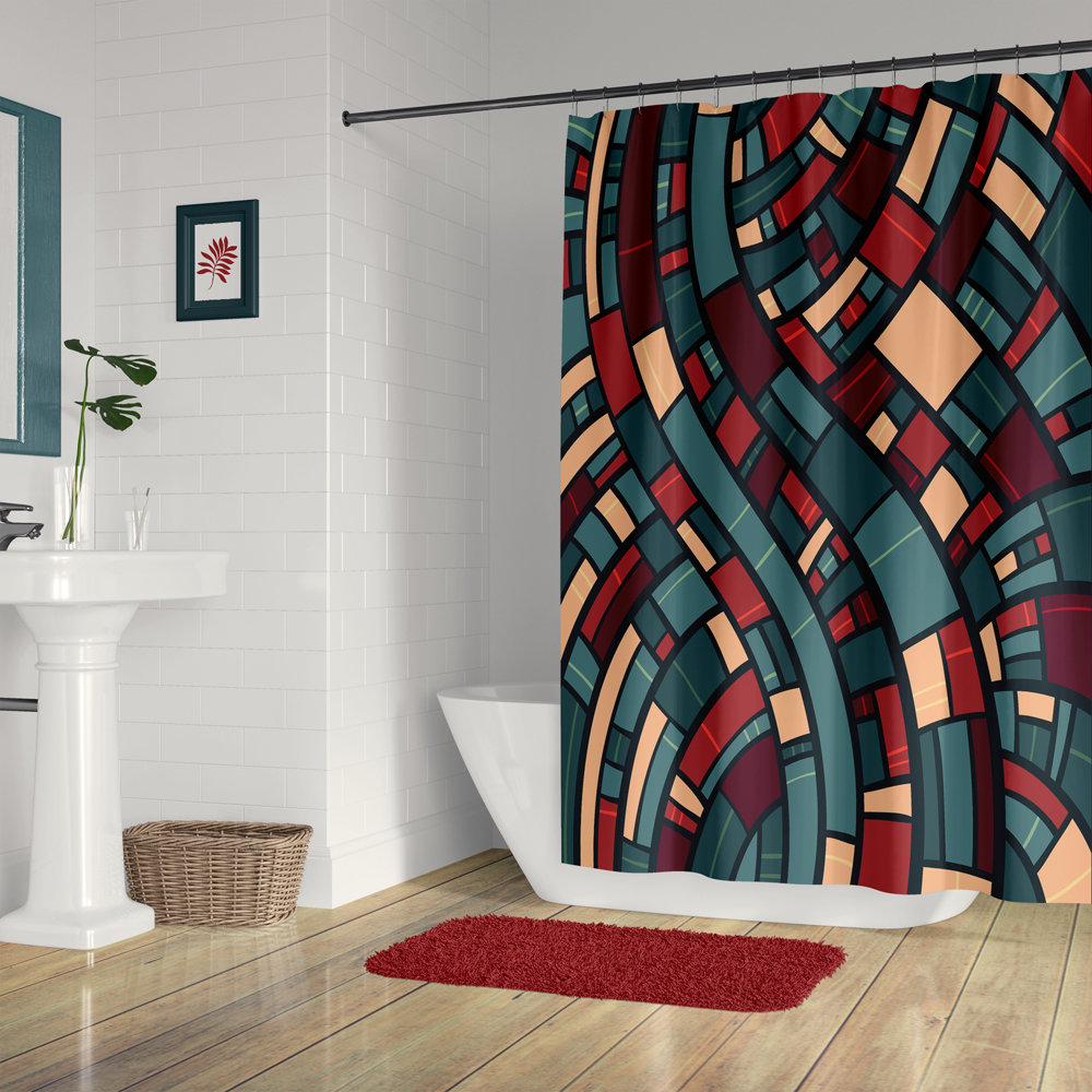 Mid-Century Modern Shower Curtain in teal, burgundy and apricot
