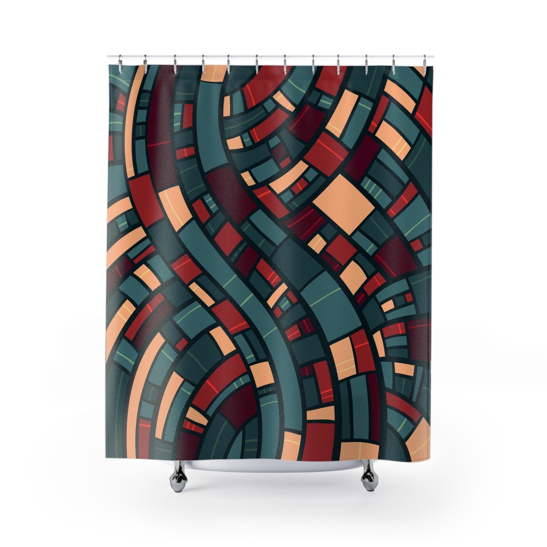 Mid-Century Modern Shower Curtain in teal, burgundy and apricot