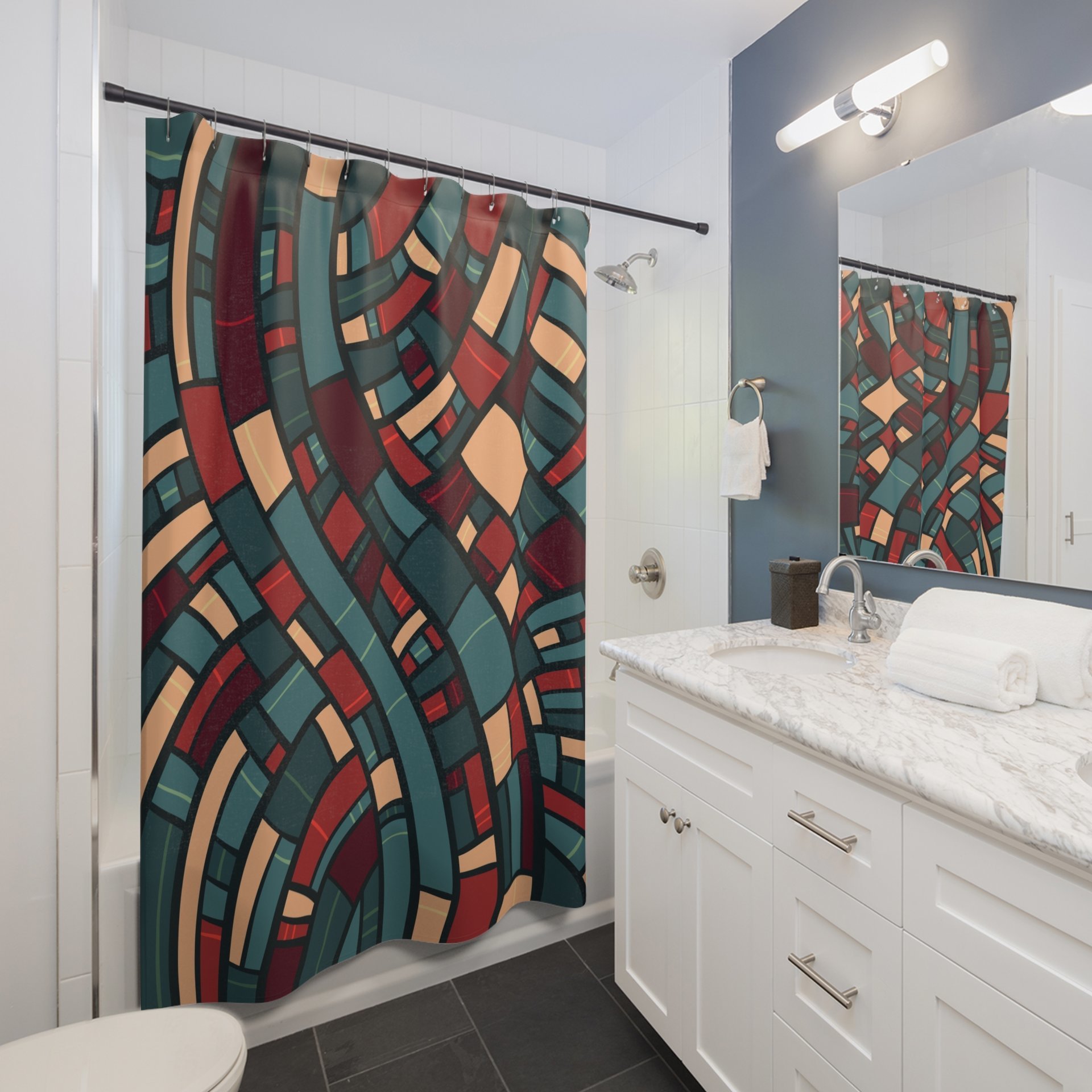 Mid-Century Modern Shower Curtain in teal, burgundy and apricot in an apartment bathroom
