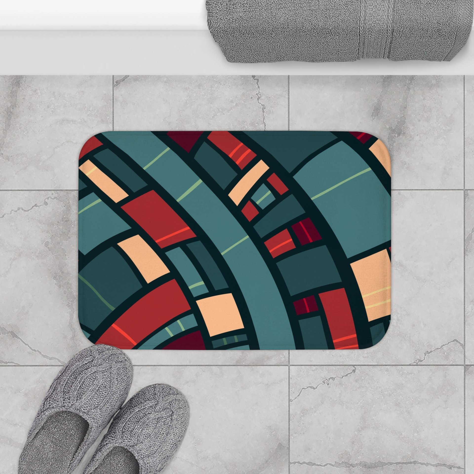 Mid-Century Modern small bath mat in teal, burgundy and apricot