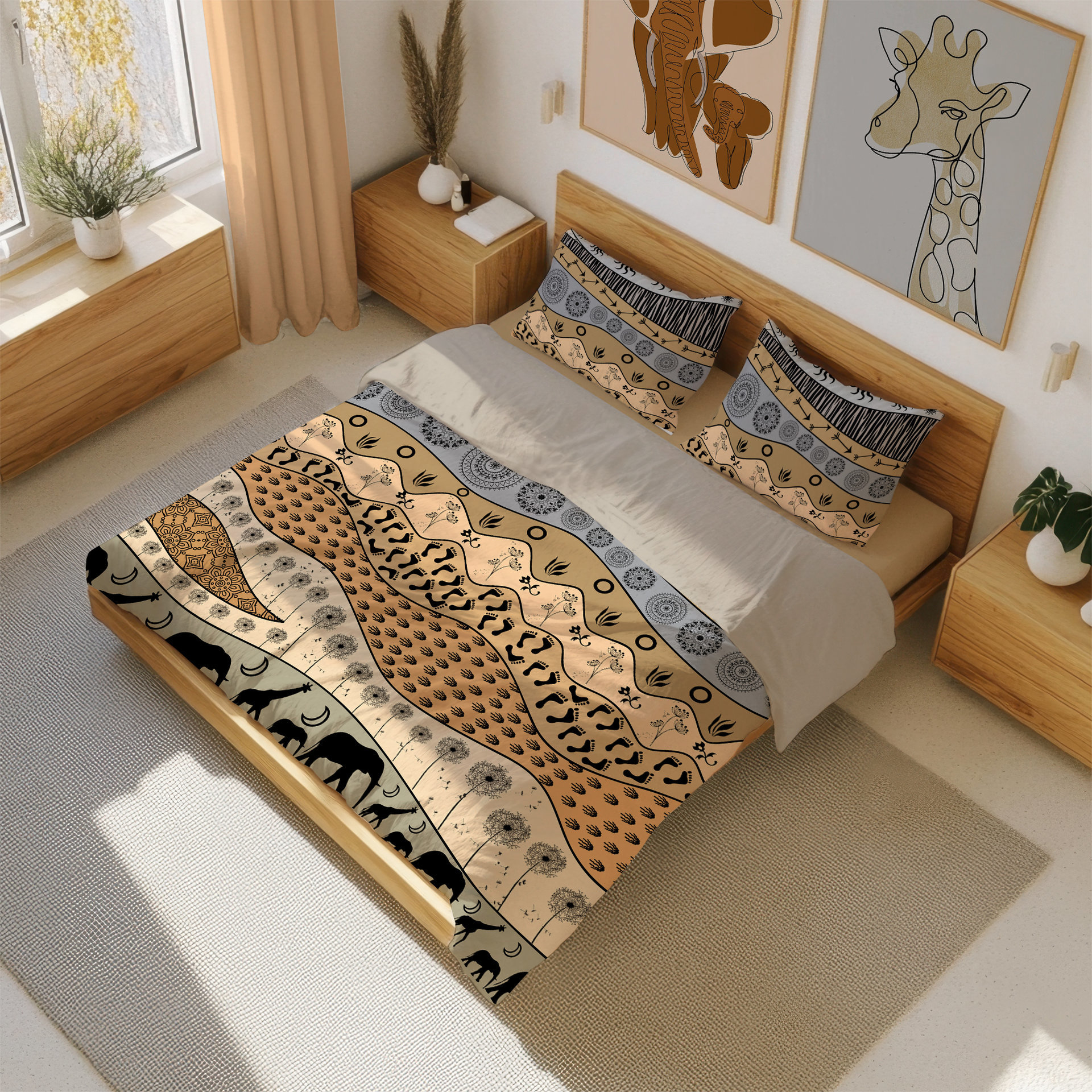 Neutral African Art Bedding, Cotton or Poly