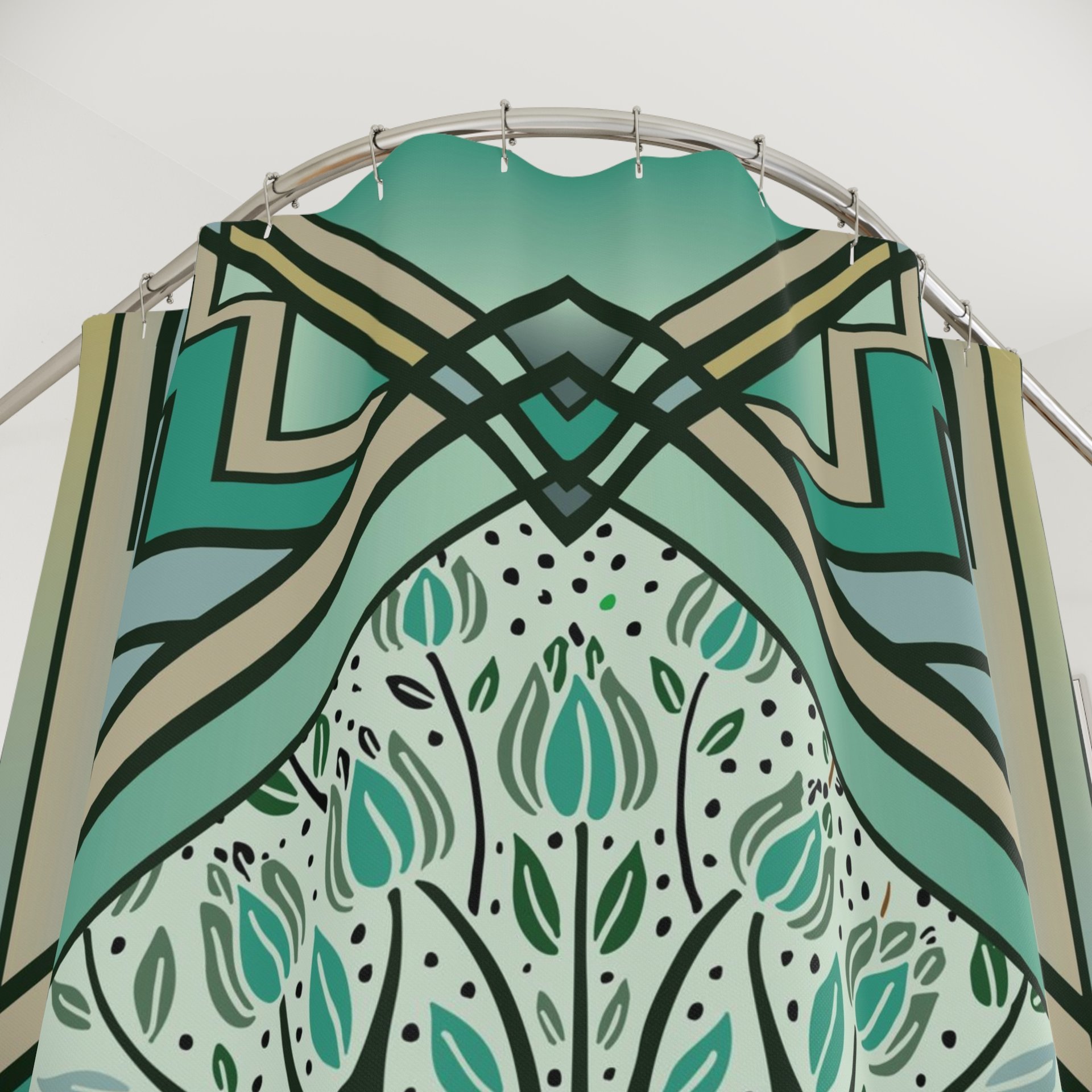 Art Deco Stained Glass Shower Curtain, showing top section close up