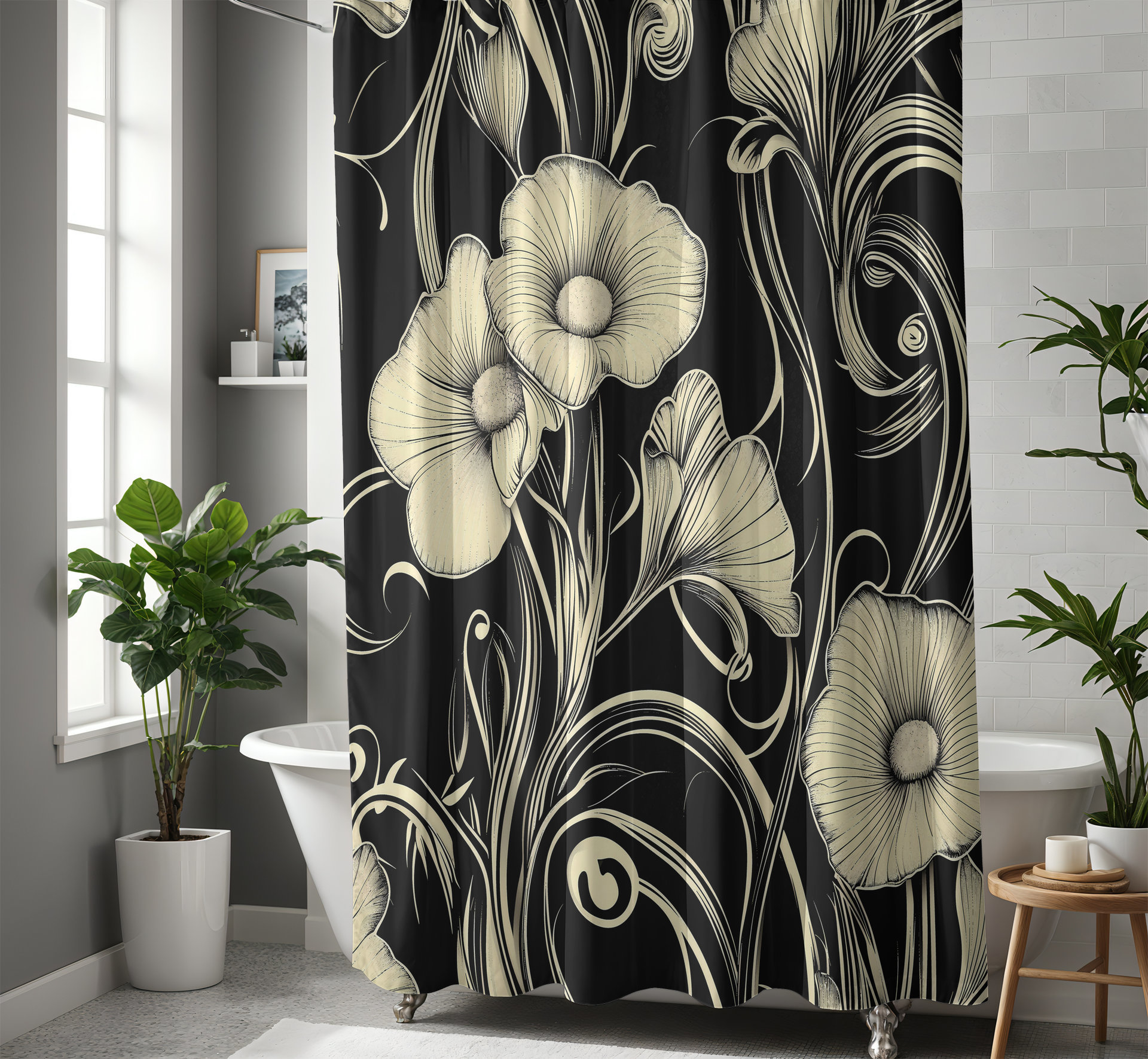 Black & Cream Floral Art Nouveau Shower Curtain in a contemporary bathroom.