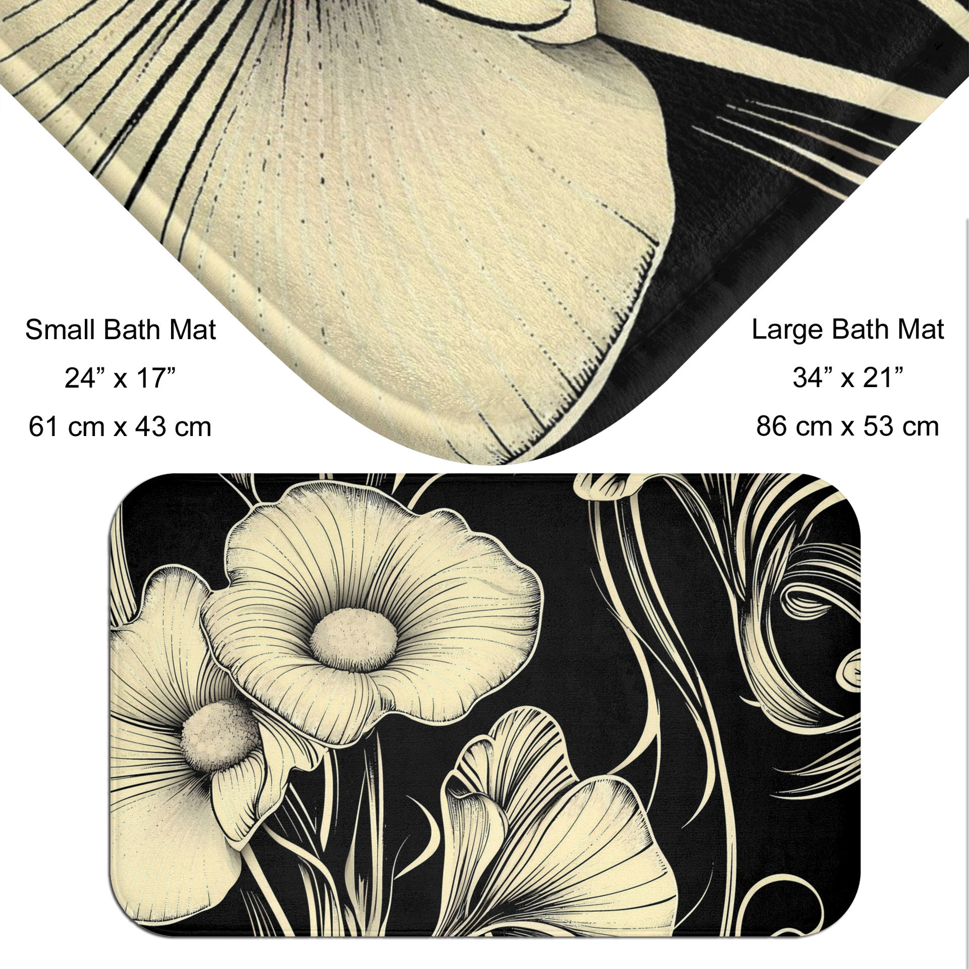 Black & Cream Floral Art Nouveau bath mat size chart.
