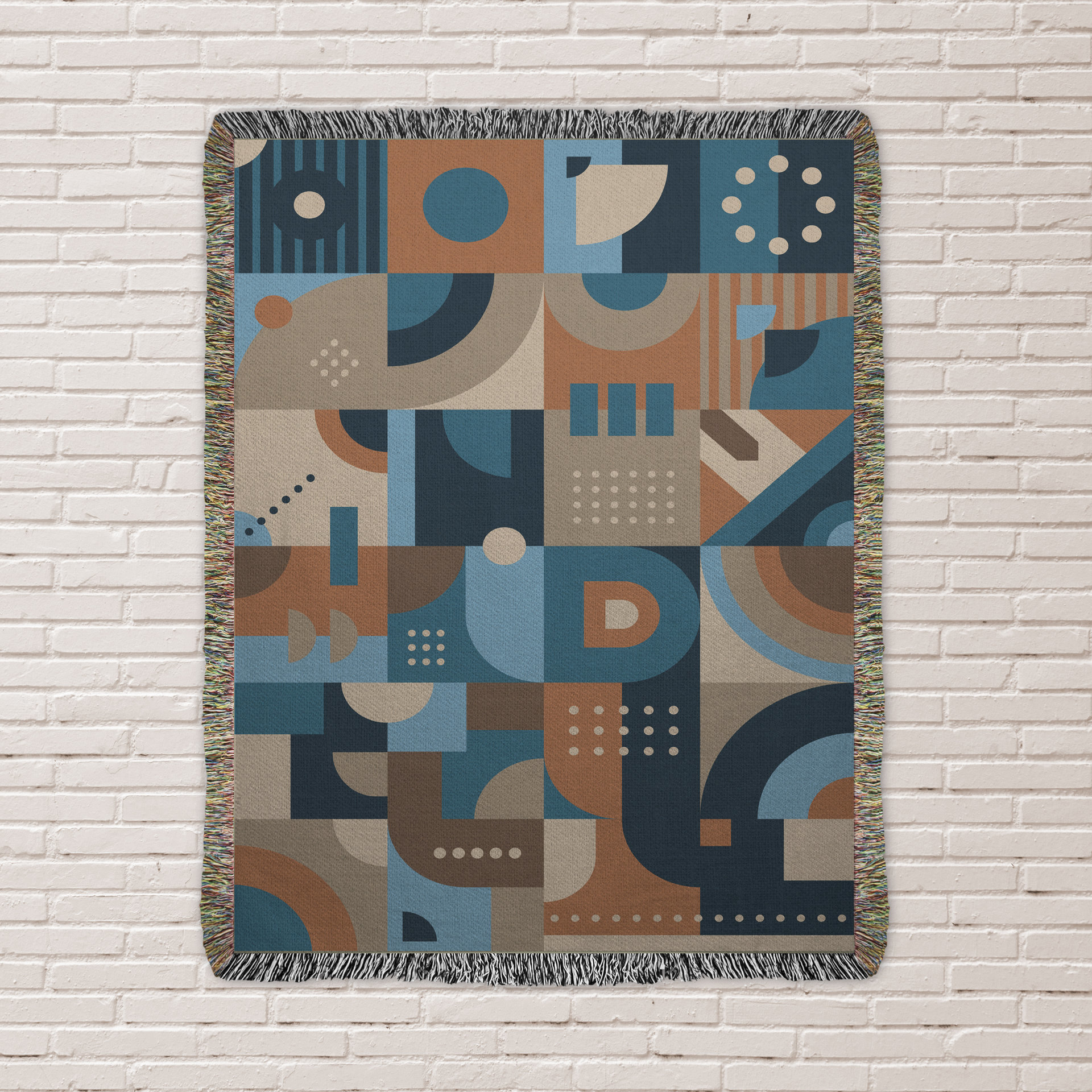 Blue and Brown Abstract Geometric Shapes Woven Cotton wall tapestry